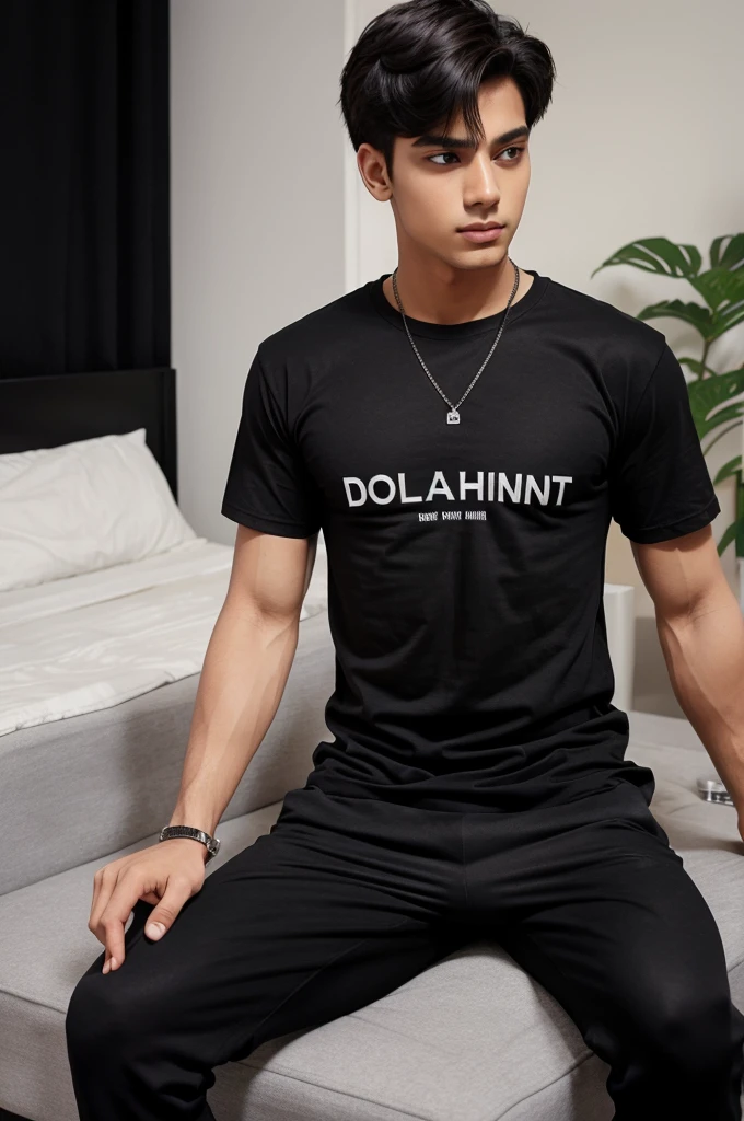 A boy wear black t shirt and black pant and the name written on the t shirt is lovely