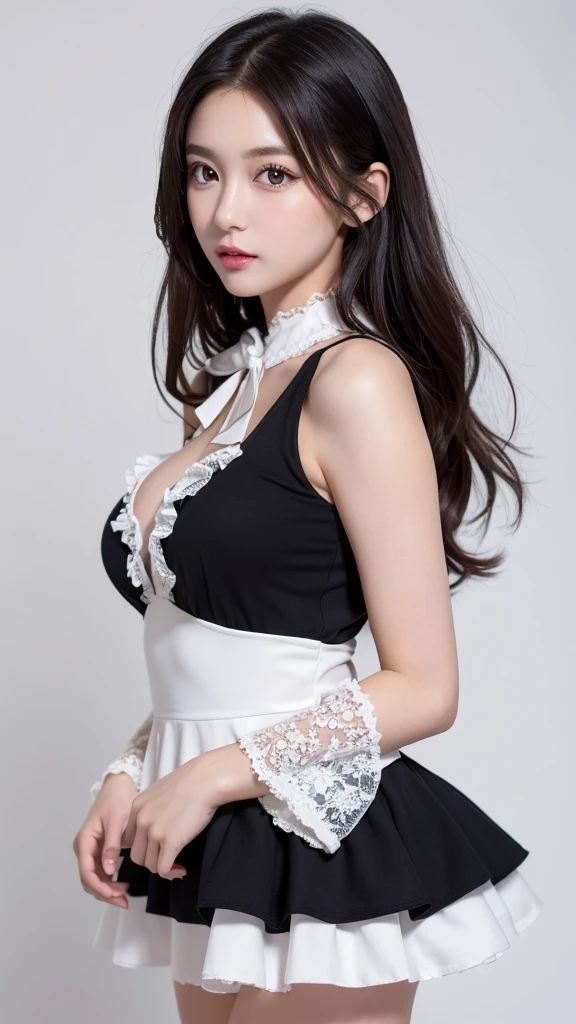(((forehead、Northern Europe、White people、beautiful girl、Black Hair、White background、Cute Costumes)))、table top, highest quality, figure, super detailed, finely, High resolution, 8k wallpaper, Perfect dynamic composition, detailed and beautiful eyes, Deco out,bionde, medium hair, super big breasts, Natural color lip,white background, random cute poses,frill dress