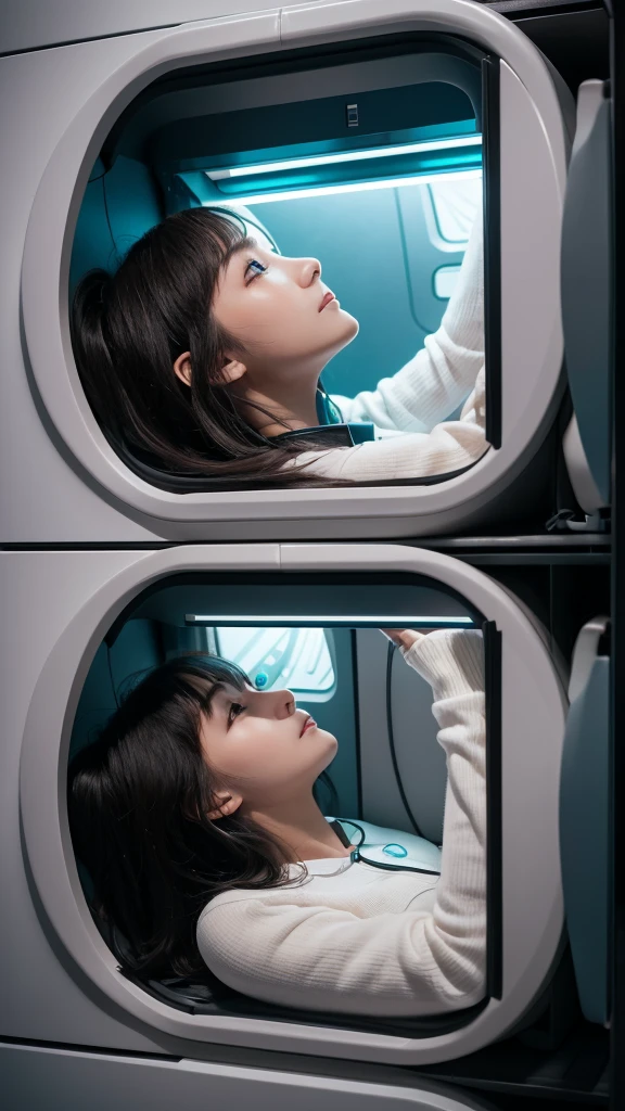 A beautiful and very cute girl is sleeping with her eyes closed in a cold sleep capsule made of transparent glass in the shape of a coffin connected to a machine in the remains of a crashed spaceship, The girl is s old, the girl has gigantic huge big breasts, and the girl has a baby face, full body,