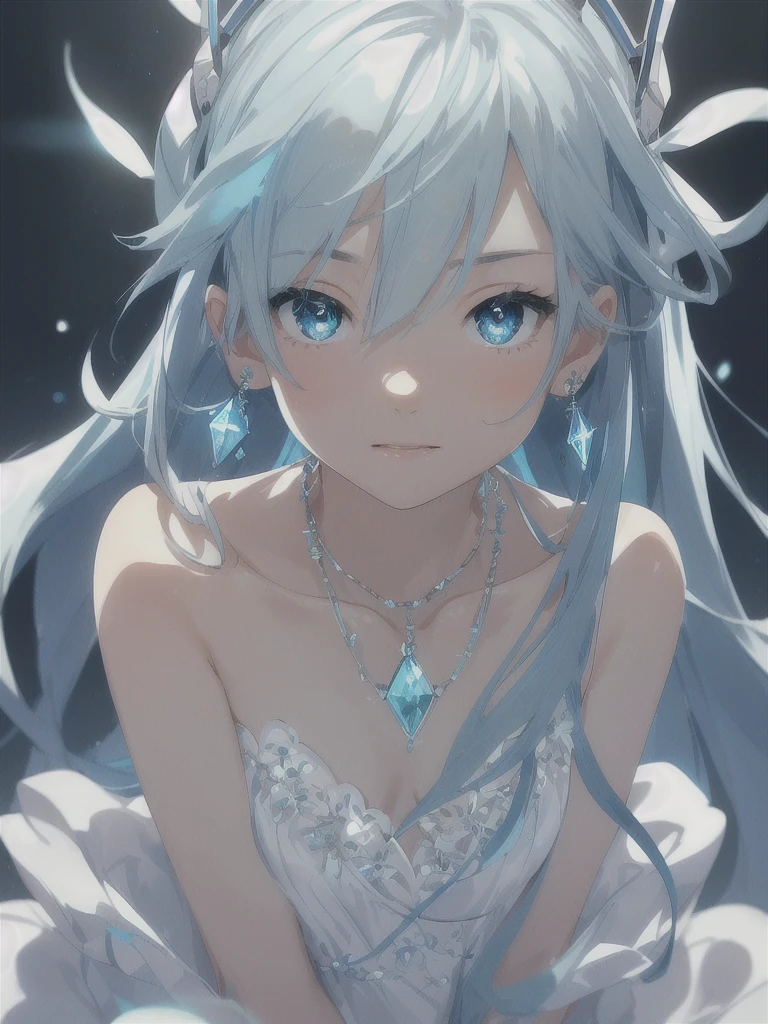 masterpiece, best quality, illustration, sax blue, platinum earrings, platinum necklace, white dress, 1girl, cute, (dynamic lighting:1.2), cinematic lighting, delicate facial features, detailed eyes, sharp pupils, realistic pupils, depth of field, bokeh, sharp focus, (hyper-detailed, bloom, glow:1.4), many small gems, hatsune miku