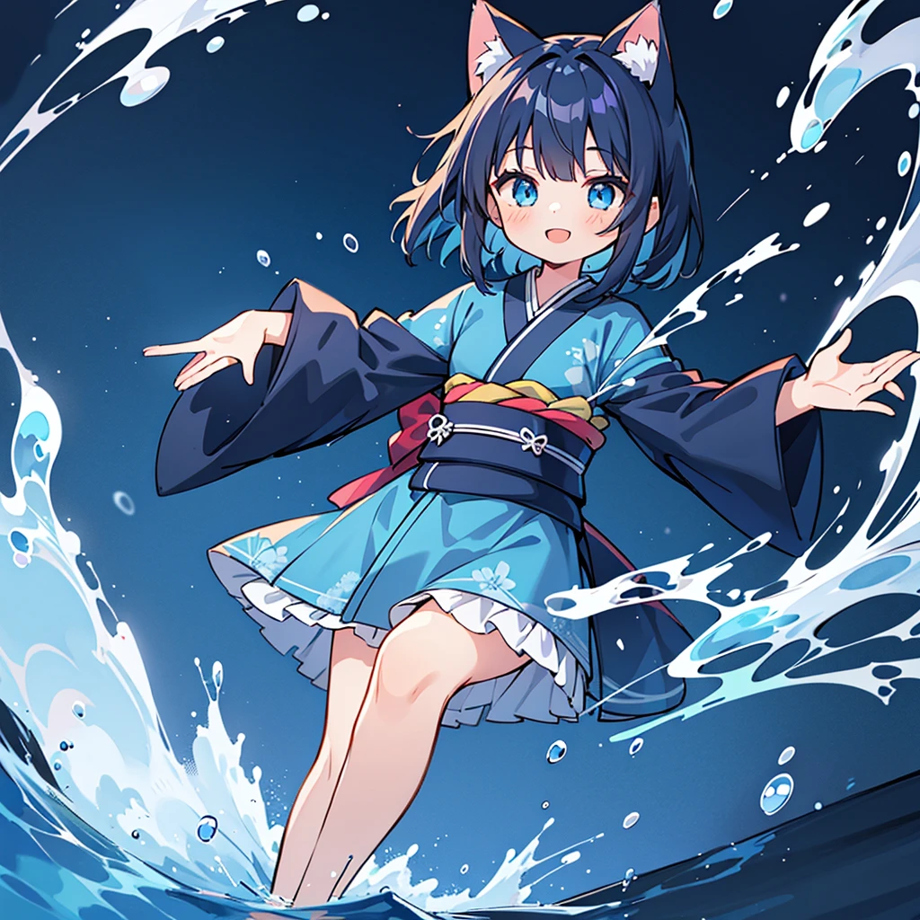 1 girl, masterpiece, highest quality, high definition, 8K, anime style, dark blue hair, cat ears, medium hair, blue eyes, smile, knee-length black kimono with blue pattern, 15 years old, cute , delicate, dancing, water droplet effect, high quality, 8K