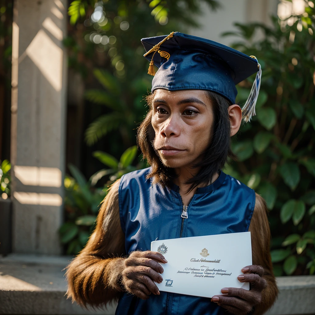 An ultra-realistic 4K image of a funny monkey wearing a graduation cap and holding a diploma, showcasing detailed feathers and cap.