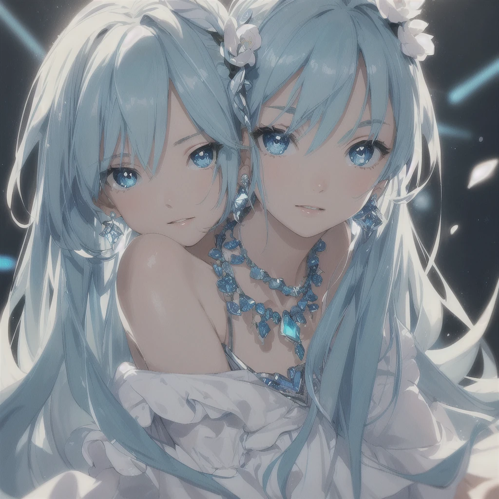 masterpiece, best quality, illustration, sax blue, platinum earrings, platinum necklace, white dress, 1girl, cute, (dynamic lighting:1.2), cinematic lighting, delicate facial features, detailed eyes, sharp pupils, realistic pupils, depth of field, bokeh, sharp focus, (hyper-detailed, bloom, glow:1.4), many small gems, hatsune miku
