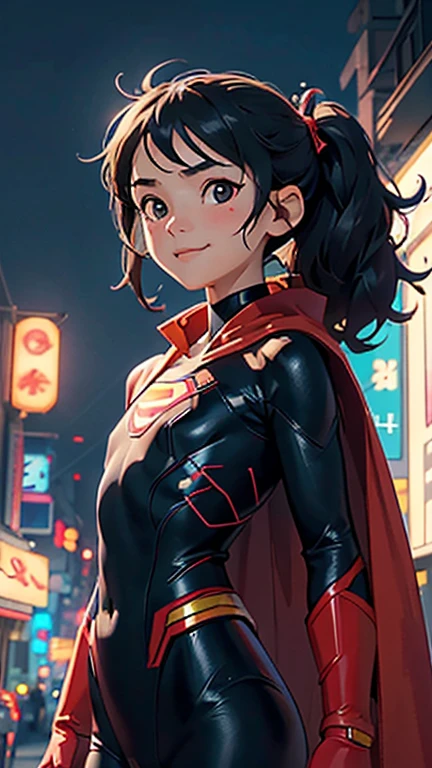 (8k),(masterpiece),(Japanese),(***************),((innocent look)),((Petit)),From the front,smile,cute,Innocent,Kind eyes,flat chest, slender, cyberpunk Superman costume,red cape,semi-long,Hair blowing in the wind,Black Hair,strong wind,midnight,dark,neon light futuristic city