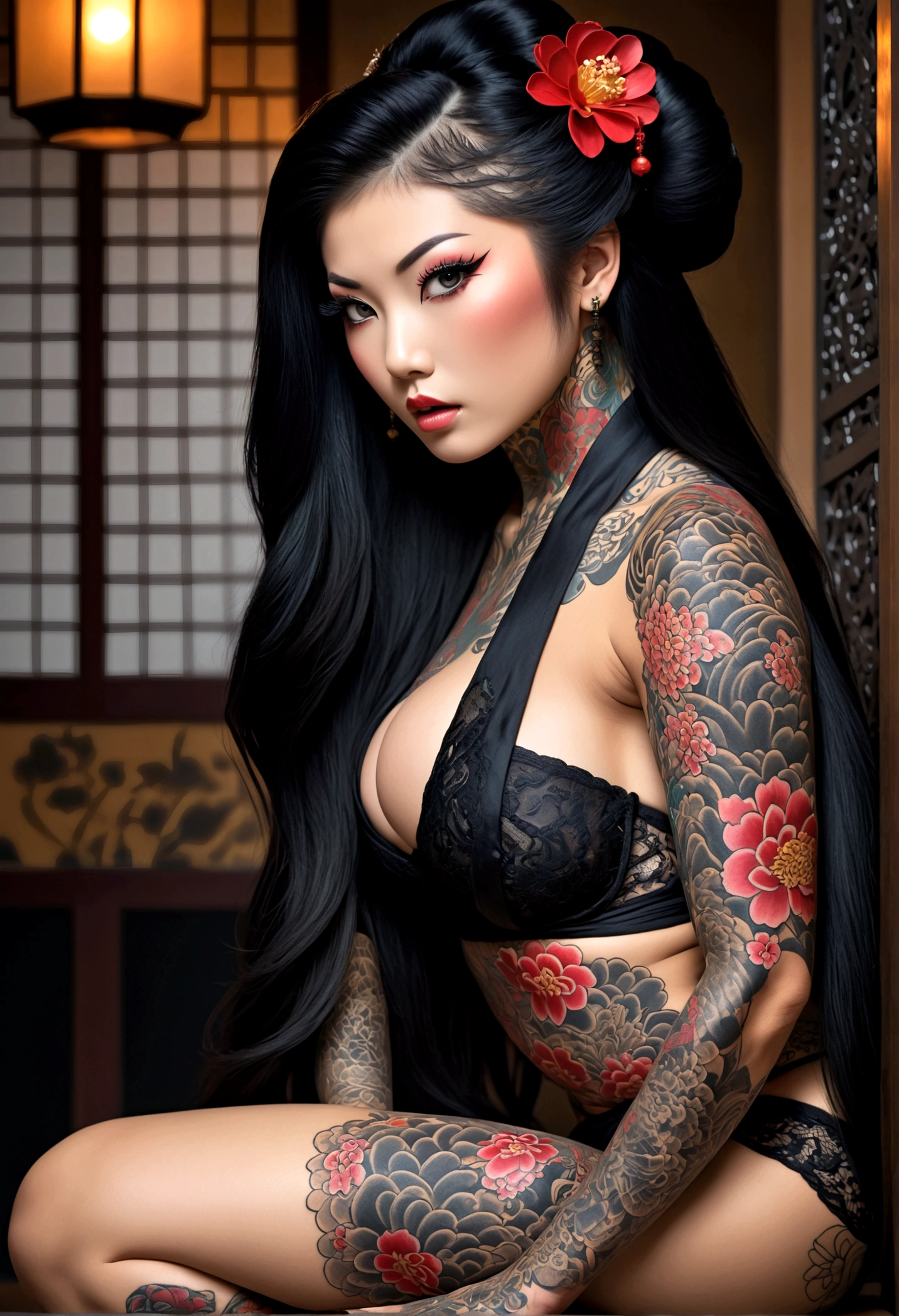 Create a hyper detailed photograph of a tattooed young sexy Geisha, Stunningly perfect gorgeous face, perfect makeup, detailed vibrant eyes, long hair, big beautiful sexy legs, big beautiful sexy arms, big back , realistic torso, muscular abs, detailed silky smooth skin, big breast, big muscular ass, black lace lingerie,