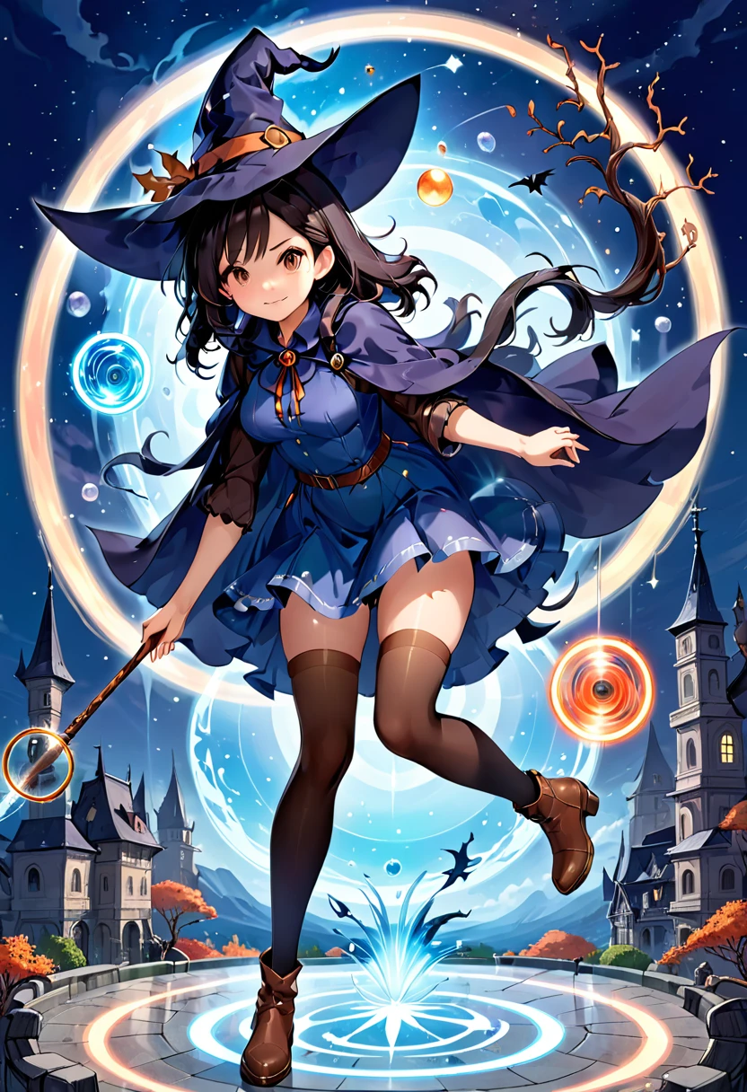 A beautiful witch in the style of Studio Ghibli, 1.55 tall, 16 years old, medium-length black hair, light brown eyes, fair skin, wearing a knee-length transparent blue dress, black stockings and dark brown boots, a black and cinnamon cloak, a light brown handbag and a magic wand made of coral lizard. 8k image, ((highest quality)),(ultra high resolution),(Super detailed),(detailed description),((best GC)),(best artwork),super art precision,great drawing- art(Fantasy art with precise details:1.5),(witch:1.6),(and pretty cute shaped face:a 1.5),(Magic circle floating:1.6),dynamic pose:1.5,boots:1.3, magic circle, final fantasy XV style, 4K, super sexy, without panties