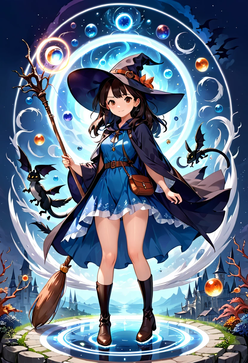 A beautiful witch in the style of Studio Ghibli, 1.55 tall, 16 years old, medium-length black hair, light brown eyes, fair skin, wearing a knee-length transparent blue dress, black stockings and dark brown boots, a black and cinnamon cloak, a light brown handbag and a magic wand made of coral lizard. 8k image, ((highest quality)),(ultra high resolution),(Super detailed),(detailed description),((best GC)),(best artwork),super art precision,great drawing- art(Fantasy art with precise details:1.5),(witch:1.6),(and pretty cute shaped face:a 1.5),(Magic circle floating:1.6),dynamic pose:1.5,boots:1.3, magic circle, final fantasy XV style, 4K, super sexy, without panties