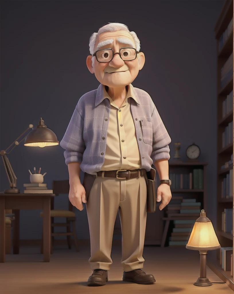 A wise old man standing in front, illuminated by the light of a lamp, against the backdrop of a library