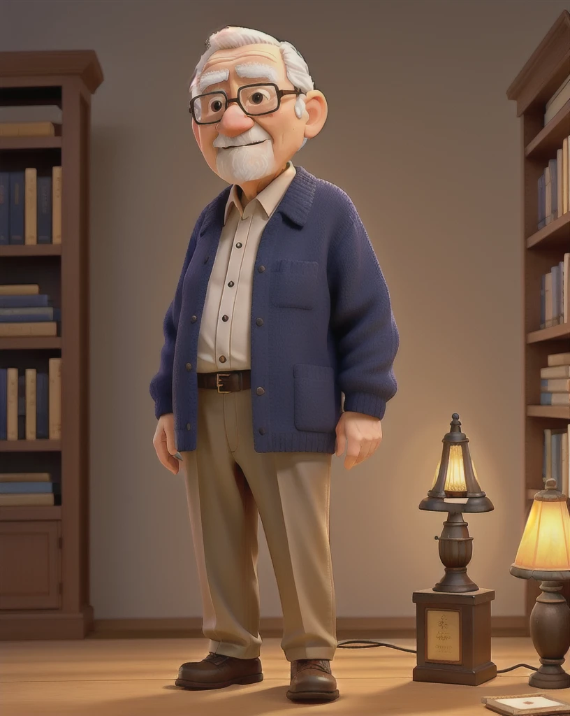A wise old man standing in front, illuminated by the light of a lamp, against the backdrop of a library