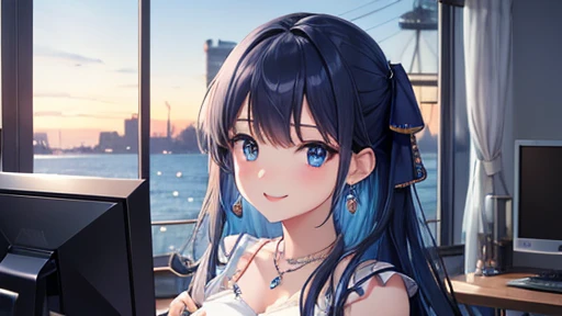 Highest quality、Highest quality、masterpiece、(8K),beauty(Age 25)、Navy blue long hair、blue eyes、smile、blue necklace、Blue Earrings、background(Night view)、Tie your hair with a checked ribbon、bracelet、Looking at a computer、