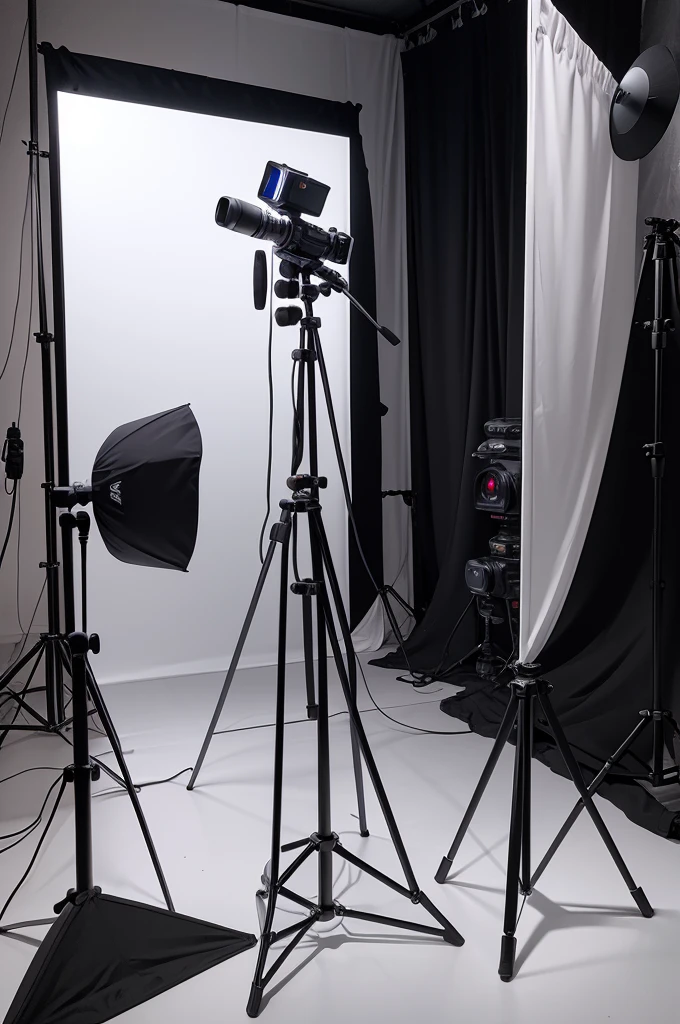 The idealized image presents a complete photo studio, with a variety of equipment such as DSLR or mirrorless cameras, portrait lens, tripod, studio lighting, reflectors, diffusers, white photographic background, light tent, bottom grips and supports, gels de cor, light meter, gray card and camera remote control. These elements together form an environment conducive to creating professional, high-quality images..