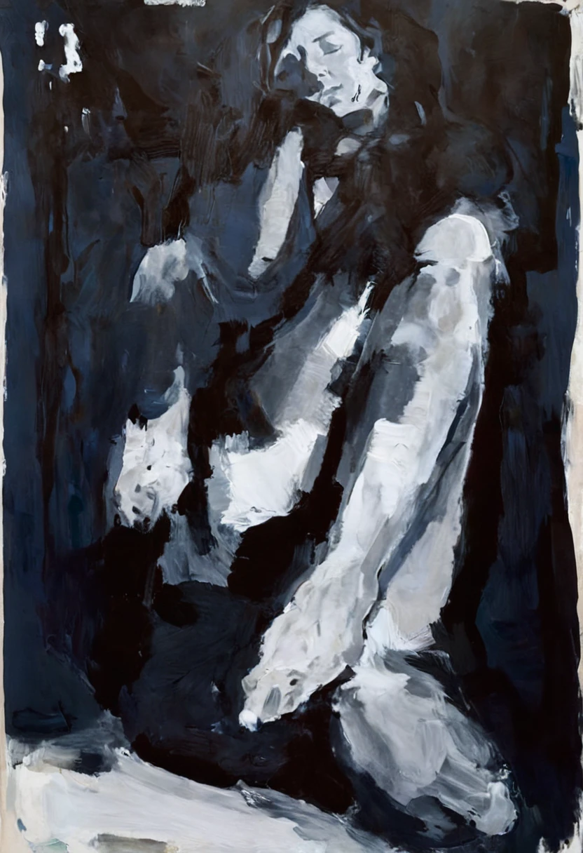 a painting of a nude woman sitting with her hands on her knees, baselitz, inspired by Georg Baselitz, by Georg Baselitz, by George Baselitz, inspired by George Baselitz, black and white painting, wash on canvas, by Emily Shanks, figure in the dark, Gestual, por Zsolt Bodoni, Marlene Dumas