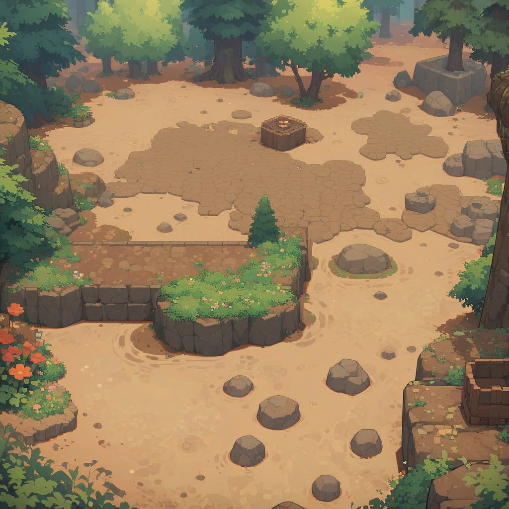 retro video game style,pixelated, vibrant pastel colors,8-bit characters,blocky shapes,sharp lines,detailed shading,classic gaming vibe,nostalgic atmosphere,classic arcade games,masterpiece:1.2,ultra-detailed,illustration style, 2d texture, clay texture, stone texture, 4 k seamless mud texture, video game texture, dirt texture, tileset, game tiles, clay material, flat texture, grass, trees, rock texture, rocky ground, forest, topdown view, game texture, game art, ground very detailed, dirt, floor texture, tileable texture, flowers, bushes, shrubs, intricate ground stone, top down view, 3/4th perspective