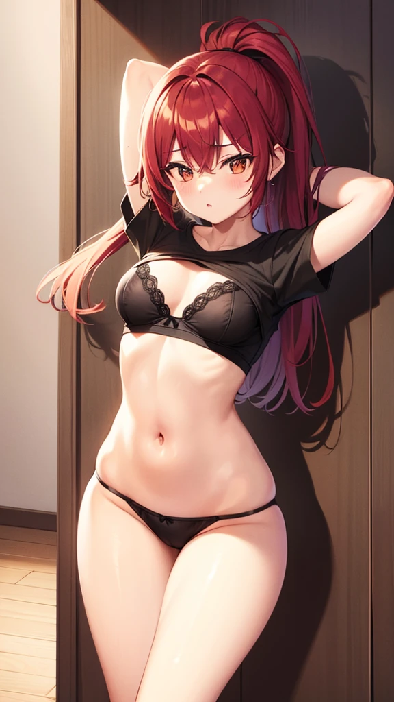 1girl, underwear, tight shirt, lingerie, big chest, long torso, red hair, ponytail, shiny skin, cupboard stretching upwards