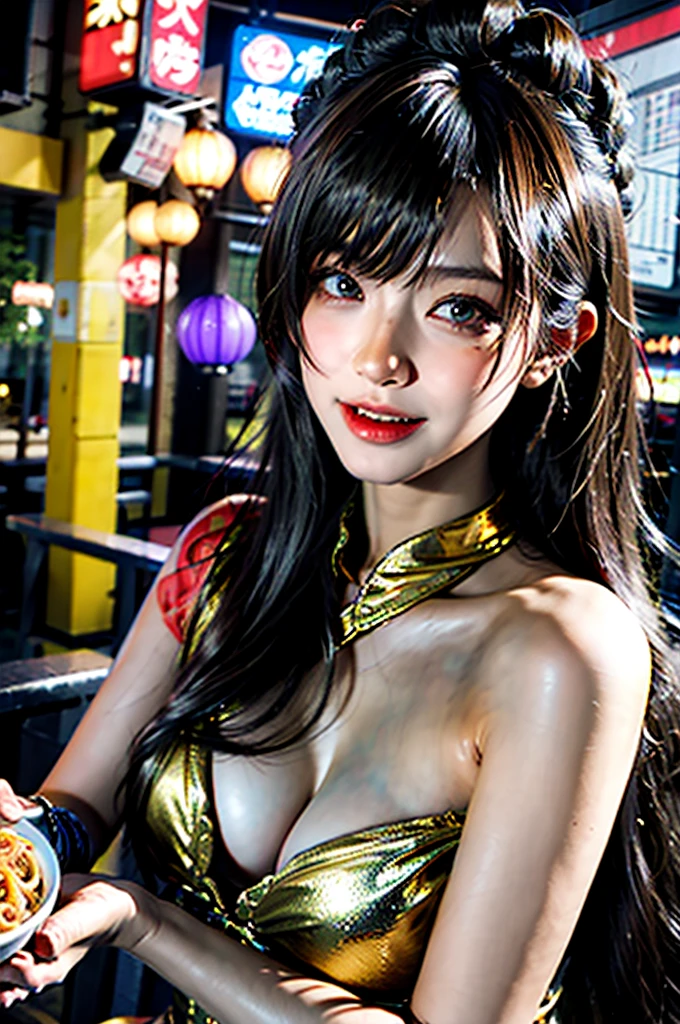 (masterpiece), best quality, ultra high res, close up, slim body, 1girl,, long hair, laughing, ramen, night, Tokyo restaurant background, colorful lights, photon mapping, radiosity, physically-based rendering, cinematic lighting, intricate, High Detail, Sharp focus, dramatic, photorealistic