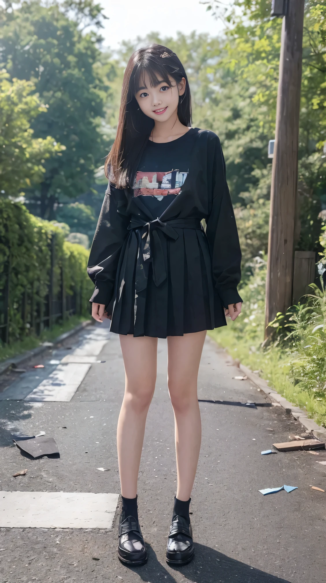 (masterpiece、8K、Flying debris、RAW Photos:1.4)、High resolution、((Located in a secluded spot))、((Full body photo from face to toe))、Big eyes and small face、Low length、young、Beautiful Japanese girl、Beautiful girl with a smile&#3Smile、Upper teeth、、Natural Makeup、Look forward、Stand with your feet together、thin、Stand with good posture、Residential area in the morning、Realistic、14-year-o ju high waiting alone、hang your school bag on your shoulder、、Slender and delicate body、Small breasts、Green Blazer Uniform、girl 、Checked skirt、healthy young teenage woman、black tights、black tights、Wear loafers、Keep your feet on the ground、Full Body Shot、Full Body Shot、Details of the neat short hairstyle、Also accentuates the thin lines of your legs