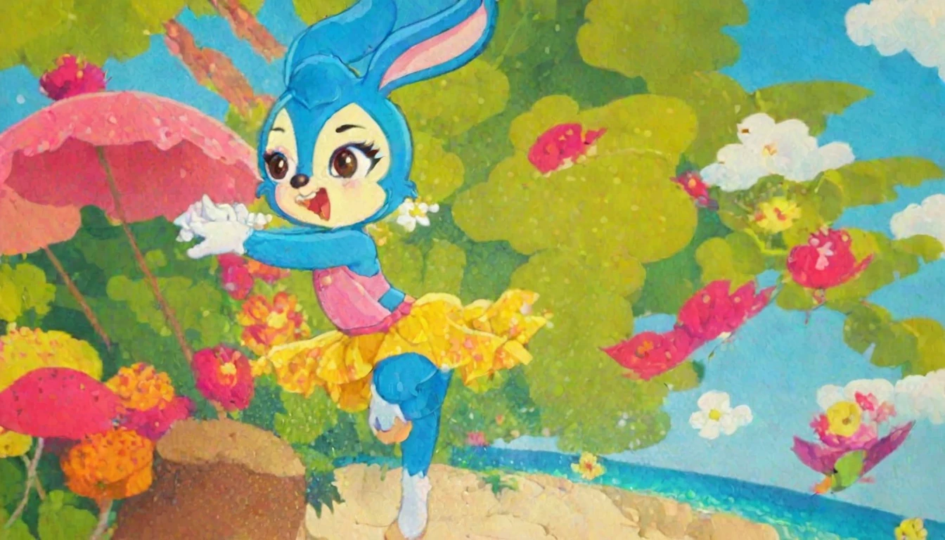 lantu,, masterpiece, best quality,Solitary,Animal ears,open mouth,Rabbit ears,Smile,simple backgroun德,hairy,Happy,1 girl，Sexy look，Beach，Bikini，Standing,Standing on one leg,full bo德y,Brown eyes,blush,Gloves,outstretche德 arms,re德 eyes,white Gloves,hairy female,Animal nose,Leg lift,Bunny Girl,Blue fur,Blue Hair,Tail,flat chest,Raise your arms,bo德y fur,sprea德 arms,:3