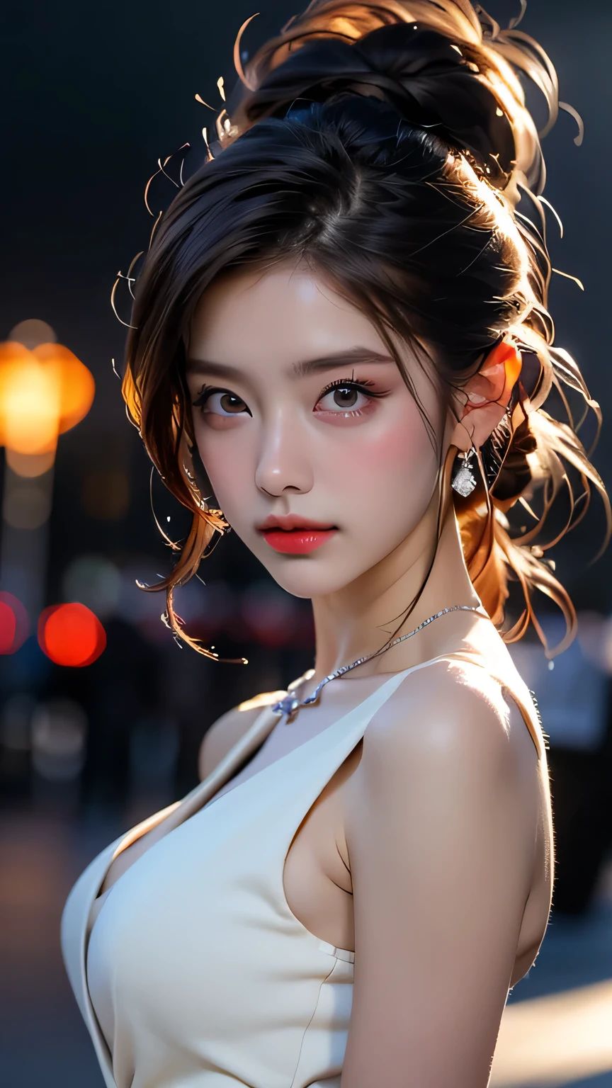 mix4, (8k, RAW photo, best quality, masterpiece: 1.45), (realistic, photorealistic: 1.37), one girl, cute, cityscape, night, rain, wet, professional lighting, photons mapping, radiosity, physically based rendering, gradient black hair, gray hair, short curly hair, handsome, girl, loose black lace(((Deep V-neckline)))slip dress, top quality photo, high res, 1080p, (clear face), (detailed face description), (detailed hand description), (masterpiece), (exquisite CG), extreme light and shadow, disheveled hair, master work, rich details, (fine facial features), (highest quality photo), (masterpiece), (detailed eyes), look in front of you eyes, fine clavicle, ((big breasts, huge areola)),(((areola_slip))),((puffy areolae)),((sideboob)),(underboob),(((collar))),earrings,cleavage,(NSFW:1.2)