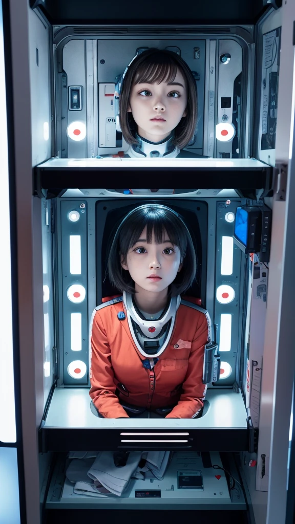 Here is the English translation:

"Trapped inside a capsule.
The inside of the capsule has various switches and buttons.
A capsule that looks like a futuristic life support device.
There is a girl inside the capsule.
The girl is looking up.
I am looking down at the girl."

Here is the English translation:

"A girl wearing a suit similar to those in Evangelion.
A space filled with light.
Switches glowing in various colors."