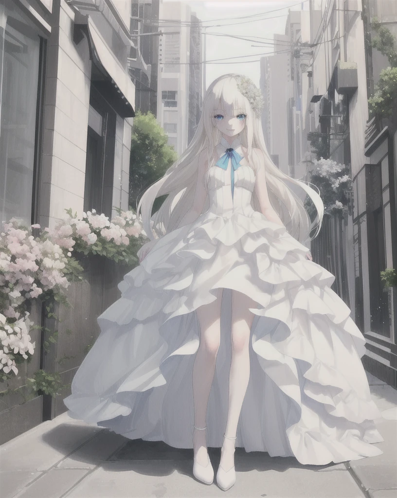Girl with long hair platinum blonde., big Blue eyes, dressed in a white translucent dress, which exposes the chest a little, beige shoes , standing on the sidewalk, beautiful flowers nearby , she smiles, looks at the viewer, confused look, full length, , a slim body,