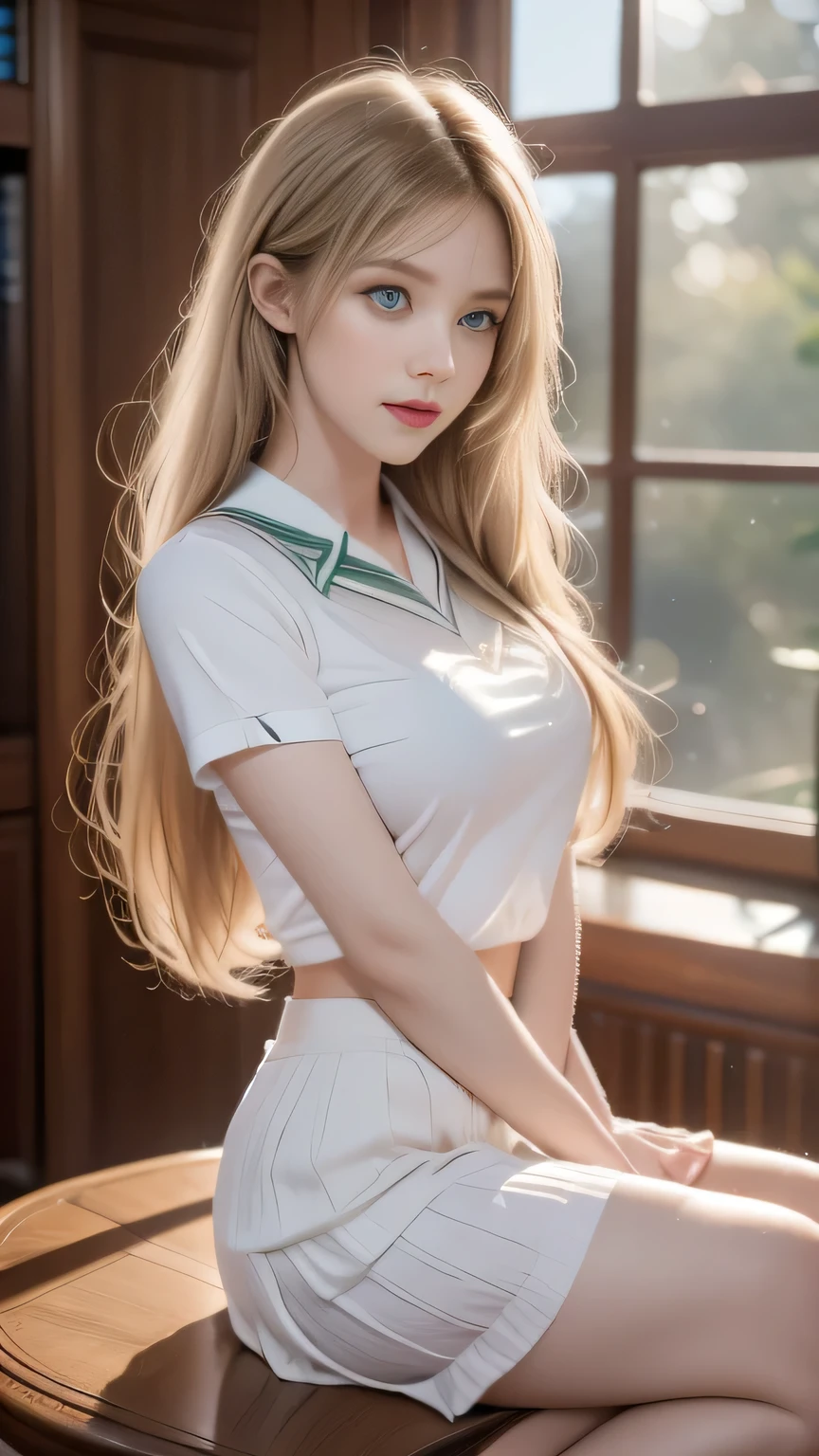 ((masterpiece,best quality, high resolution)), 1 Girl, Solitary, Green Eyes, Long blond hair tied with a blue ribbon, Bangs, sit, Cross your arms on the table, Sleeping with arms folded, Uniforms, White Seraph, Red sailor collar, Short sleeve, White pleated skirt, (In the library), Dramatic lighting, Next to the window, afternoon light through the window, afternoon, Bokeh effect