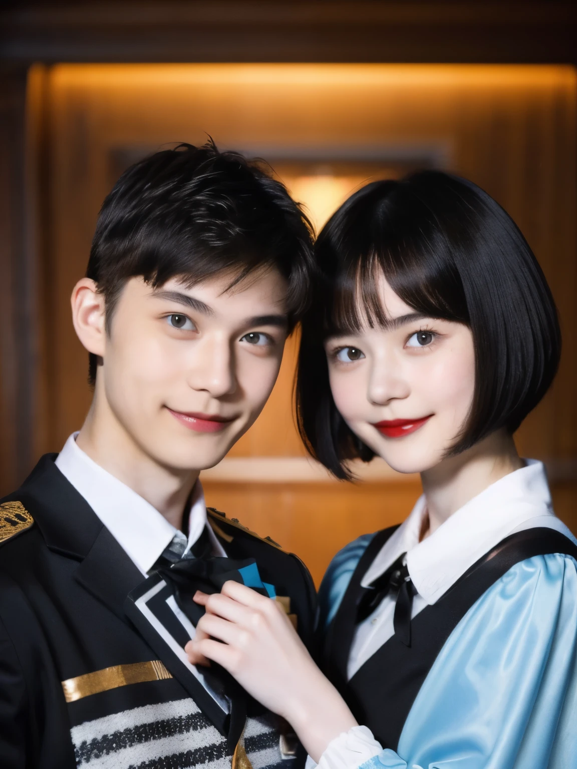248 (An 18-year-old female and an 18-year-old male), (short hair),kind, lipstick, Finnish national costume, smile