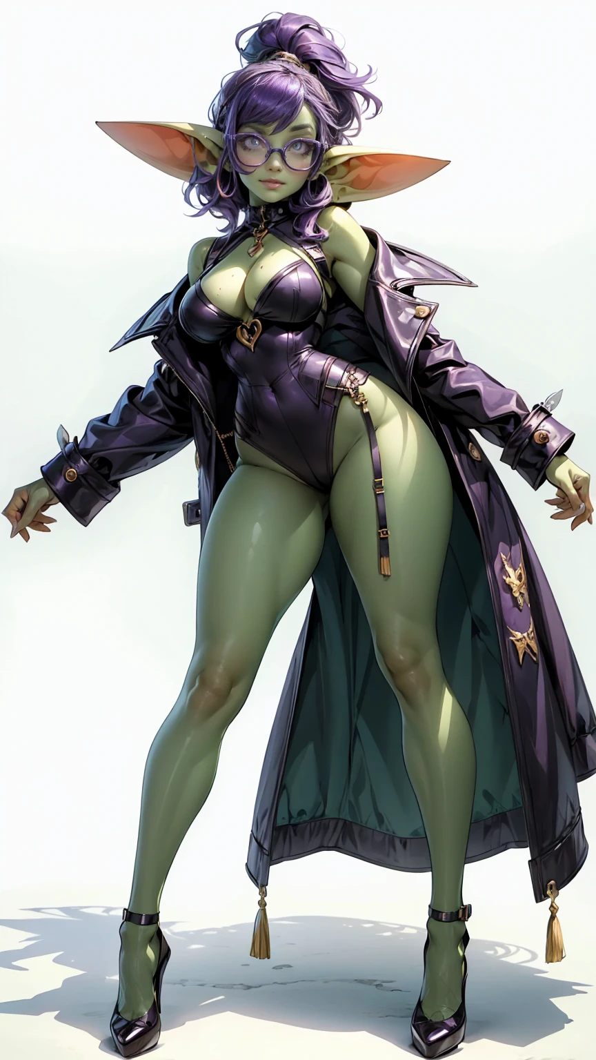 ((best quality)), ((masterpiece)), (detailed), goblin girl, (green skin), purple hair, glasses, cleavage, sexy, romantic lighting, full body, standing in front of a white background, posing for picture, simple background, front pov, low pov, posing for portrait, posing for full body picture, smiling, standing straight and tall, wearing purple shoes, sexy, sassy, perfect legs, fashionable, a little nerdy
