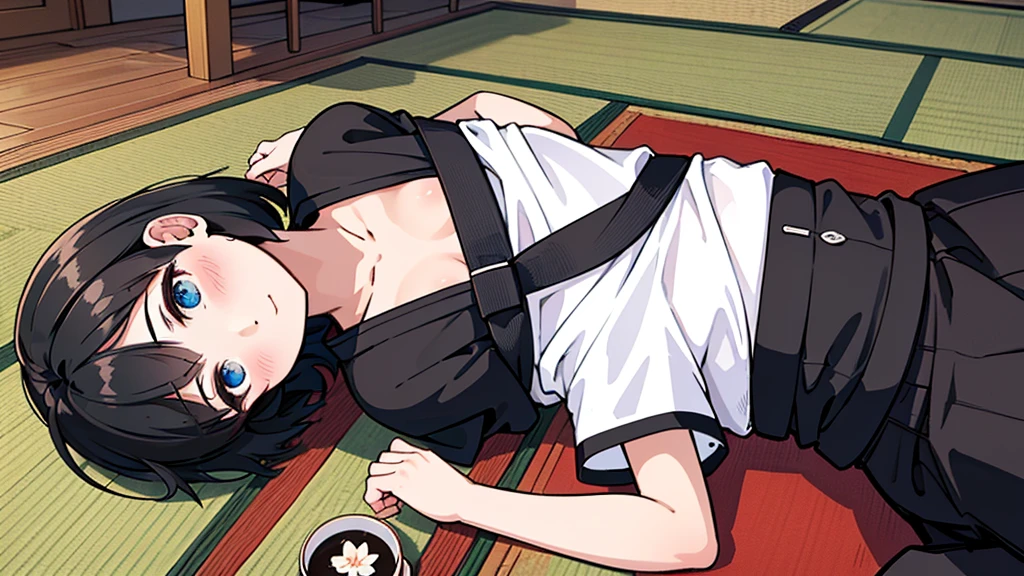 1girl, solo, blue eyes, (detailed eyes), flat chest, short hair, black hair, ((white t-shirt)), simple t-shirt, black skirt, black socks, upper body, ((masterpiece, illustration, best quality)) laying on a floor with tea in a traditional Japanese room with Japanese Interior Decoration, Traditional Japanese appearance, environmental design, home decor, japanese house