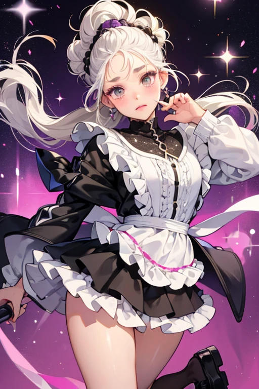 One girl、Sparkling \(Serious: Star Rail\)、Twin tails、solo、Maid、Maidの頭飾り、Maidのエプロン、Knee socks、See who&#39;s watching、High heels、(Hold down the skirt、bow: 1.2)、bar \(place\)、indoor、Depth of written boundary、Out of breath、???????、A seductive smile、masterpiece