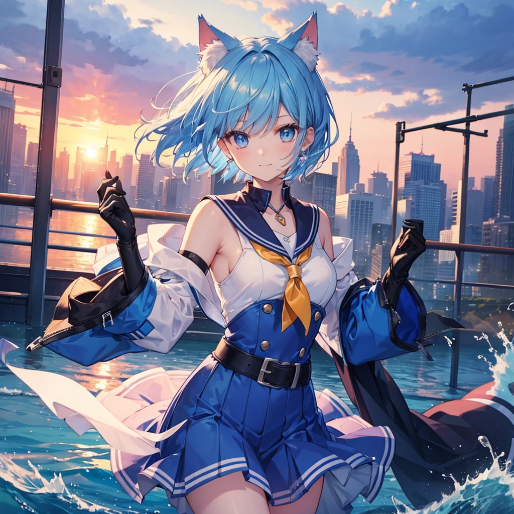 Blue Hair blue eyes short hair Have student Cat ear nice Blue Earrings necklace gloves beauty thin Sailor suit Fantasy smile sunset Fluffy hair