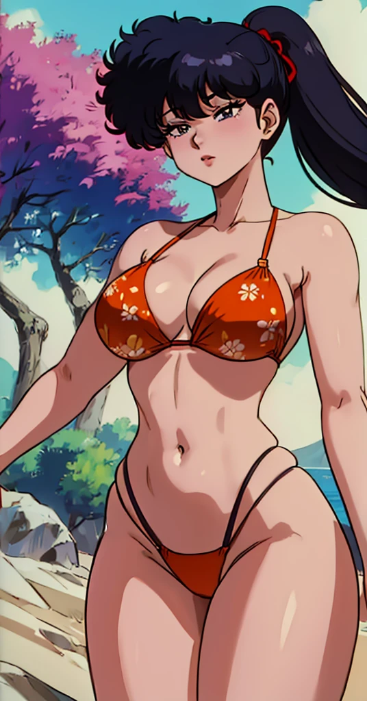 KodachiKunou, A gentle face、Orange floral bikini、Side Tail、Big Breasts、8K,high resolution、Open your arms、Sandy Beach