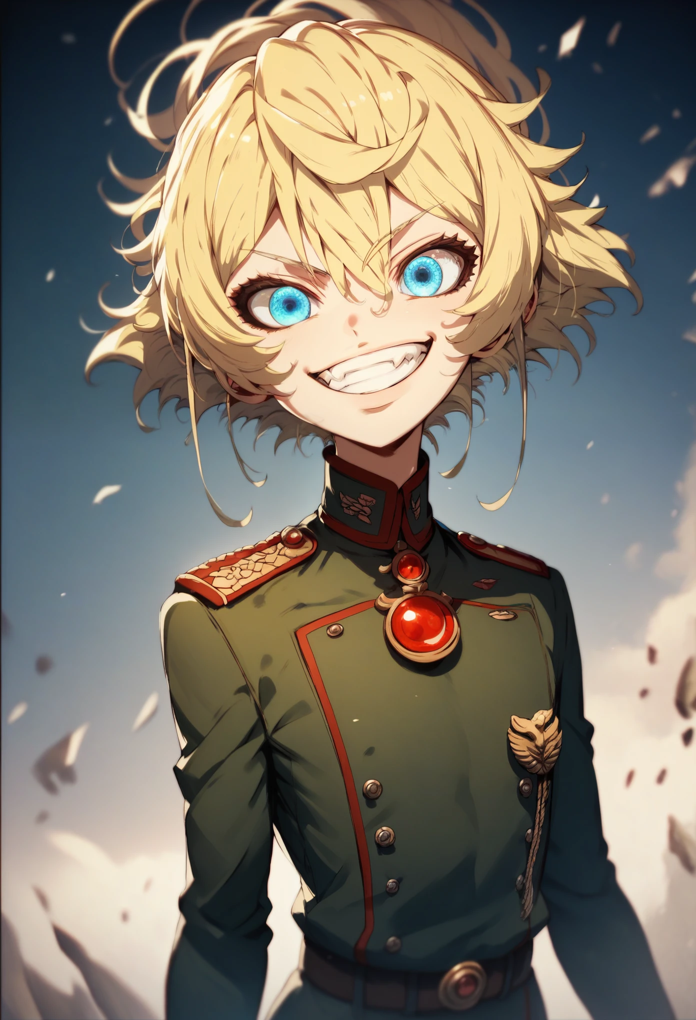 score_9, score_8_up, score_7_up, score_6_up, score_5_up, score_4_up, 1 girl, TanyaDegurechaff, no expression, evil smile, grin, beautiful sparkling blue eyes, military uniform, fierce battlefield