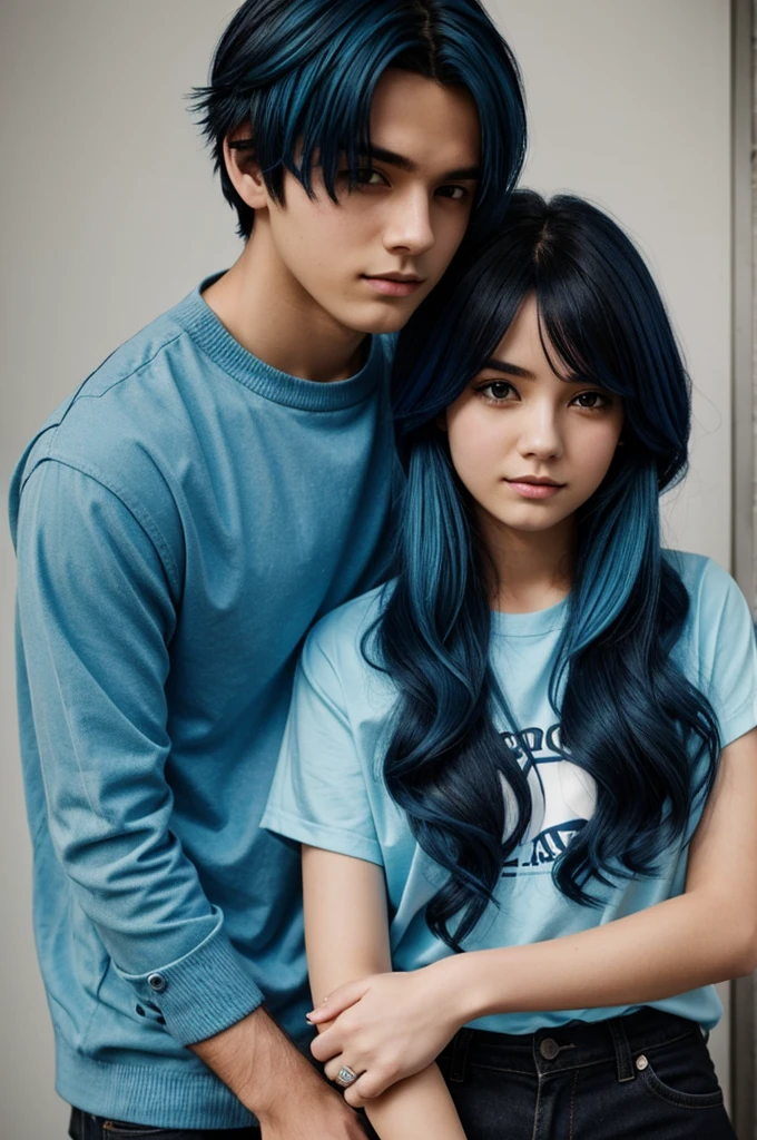 Boy with dark blue hair and girl with light blue hair 
