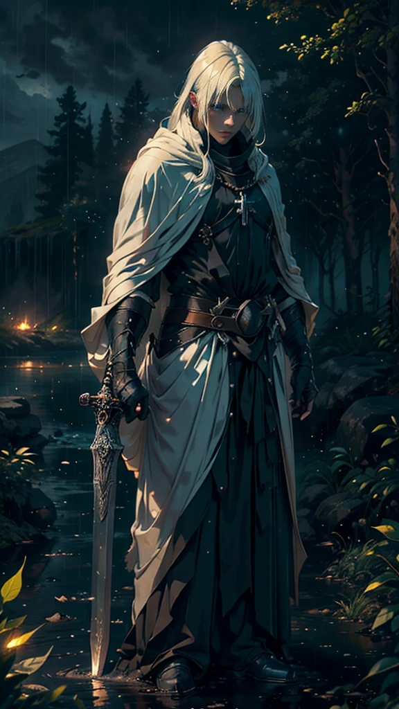 (Best Quality,ultra detailed), artificial raindrops falling, a man standing in the rain, white hair, blue eyes, detailed face(fail),dense ruinscape landscape,majestic and serene nature, shining brightly in the night sky,black medieval outfit, gentle style, drawn black aura sword