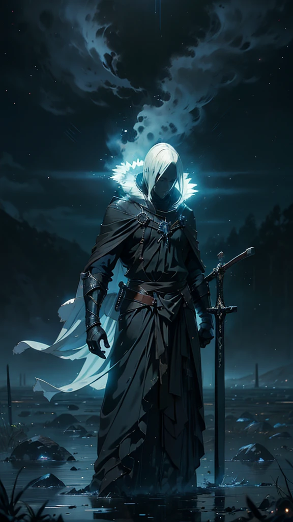 (Best Quality,ultra detailed), artificial raindrops falling, a man standing in the rain, white hair, blue eyes, detailed face(fail),dense ruinscape landscape,majestic and serene nature, shining brightly in the night sky,black medieval outfit, gentle style, drawn black aura sword