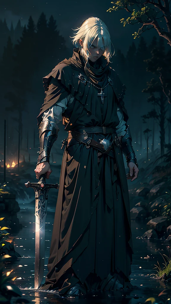 (Best Quality,ultra detailed), artificial raindrops falling, a man standing in the rain, white hair, blue eyes, detailed face(fail),dense ruinscape landscape,majestic and serene nature, shining brightly in the night sky,black medieval outfit, gentle style, drawn black aura sword