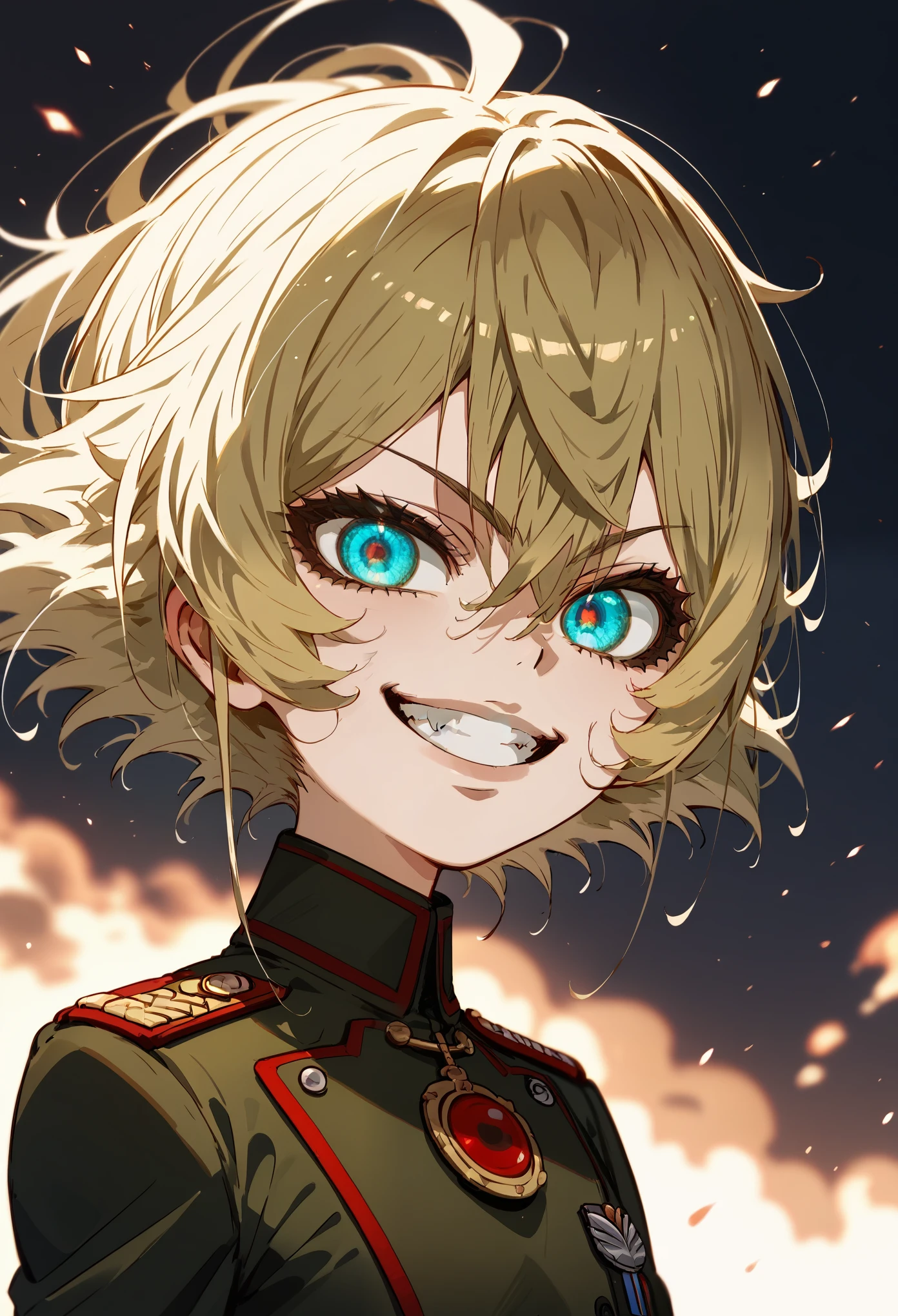 score_9, score_8_up, score_7_up, score_6_up, score_5_up, score_4_up, 1 girl, TanyaDegurechaff, no expression, evil smile, grin, beautiful sparkling blue eyes, military uniform, fierce battlefield