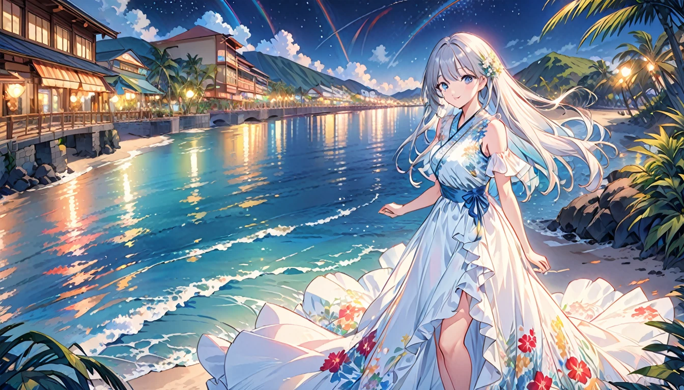 She is a beautiful woman with long silvery hair and beautiful eyes.、She is wearing an elegant and detailed Aloha dress.。The dress is、To give a luxurious and classy feel、Must have intricate designs and patterns。In the background、The image is、Depicts a romantic Hawaiian beach at night with lights reflecting on the water and an illuminated bridge crossing the scene.、The shimmering effect and rainbows throughout the image need to be highlighted。Enhance your look、Add some extra frills to your dress、Make it stand out。」