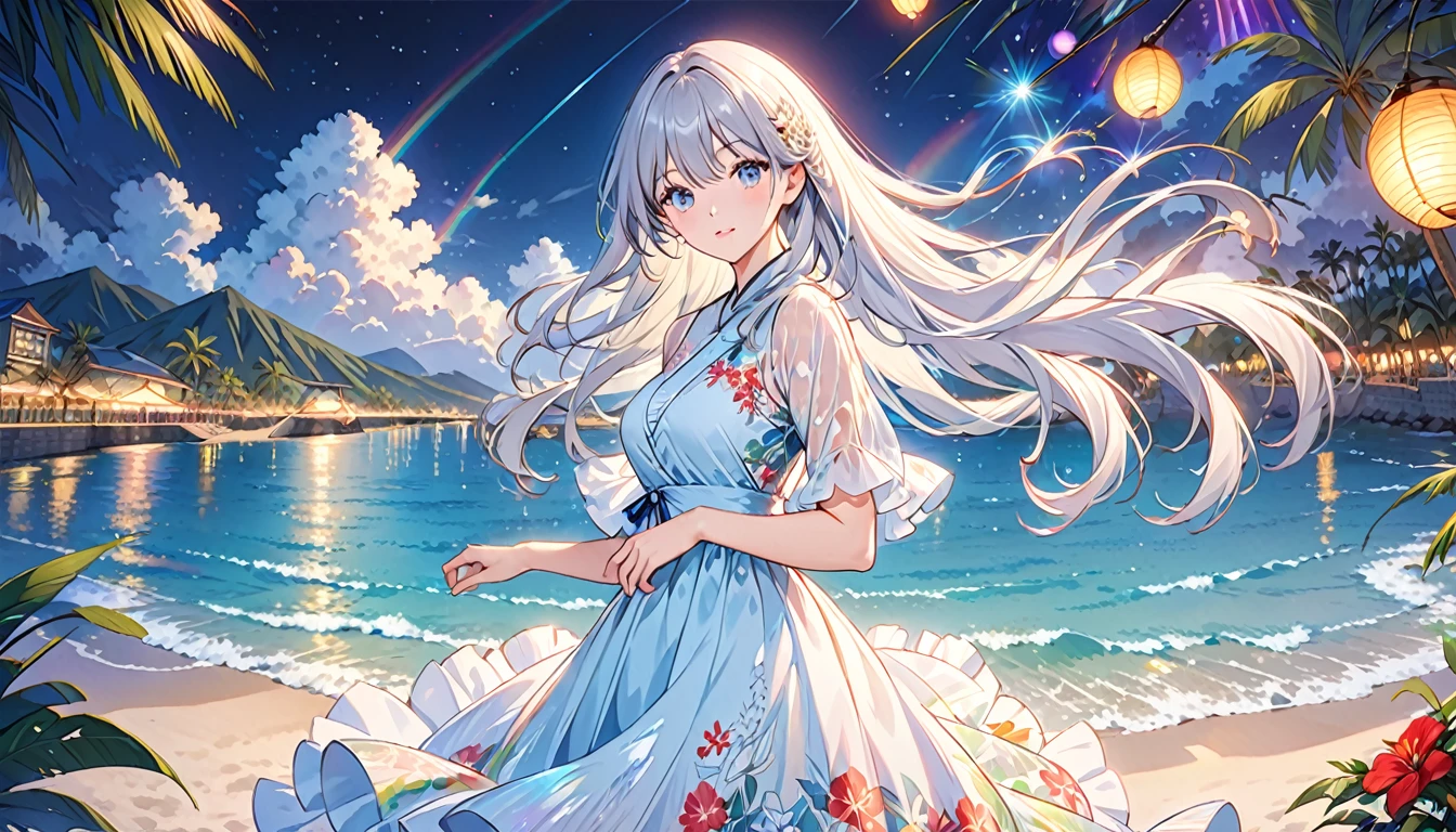 She is a beautiful woman with long silvery hair and beautiful eyes.、She is wearing an elegant and detailed Aloha dress.。The dress is、To give a luxurious and classy feel、Must have intricate designs and patterns。In the background、The image is、Depicts a romantic Hawaiian beach at night with lights reflecting on the water and an illuminated bridge crossing the scene.、The shimmering effect and rainbows throughout the image need to be highlighted。Enhance your look、Add some extra frills to your dress、Make it stand out。」