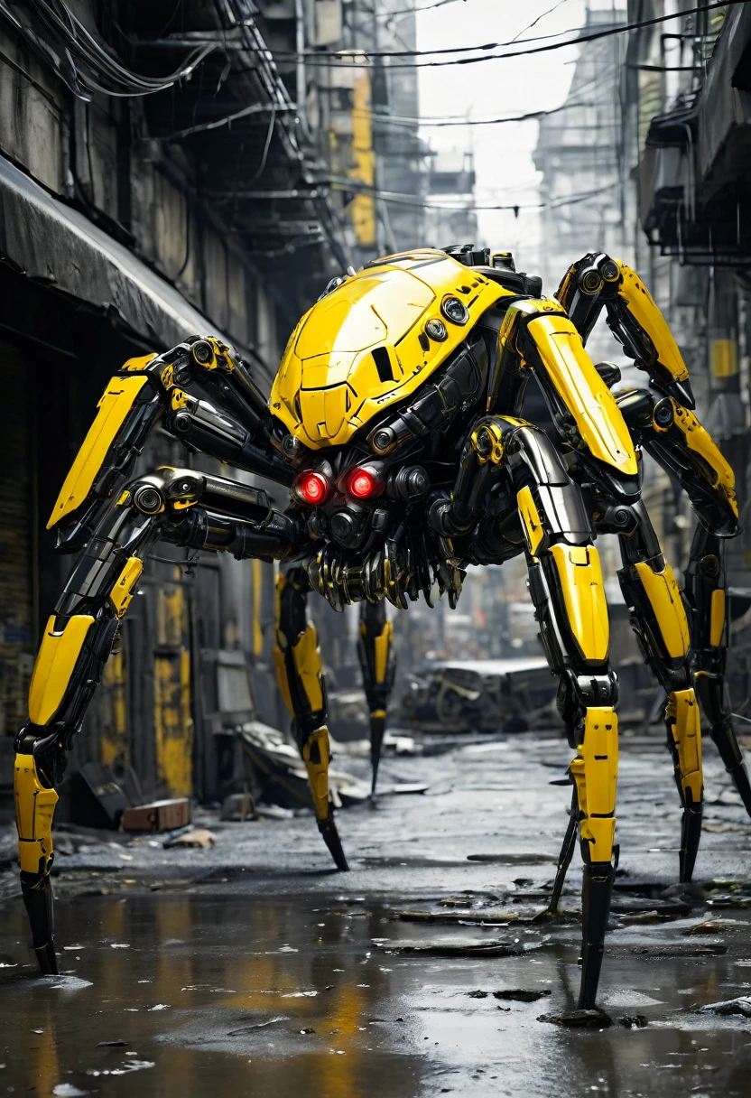 A giant mecha spider designed based on an enemy of a Metal Gear Solid character, in striking yellow and black. high-contrast lighting, got missile launchers,the environment is a post-apocalyptic urban war city ruin, with army and tank, broken place adding depth. The scene's mood is tense and foreboding, alloy armor striking the color, with a metallic sheen reflecting exoskeleton. ultra realistic , ultra details with gears,