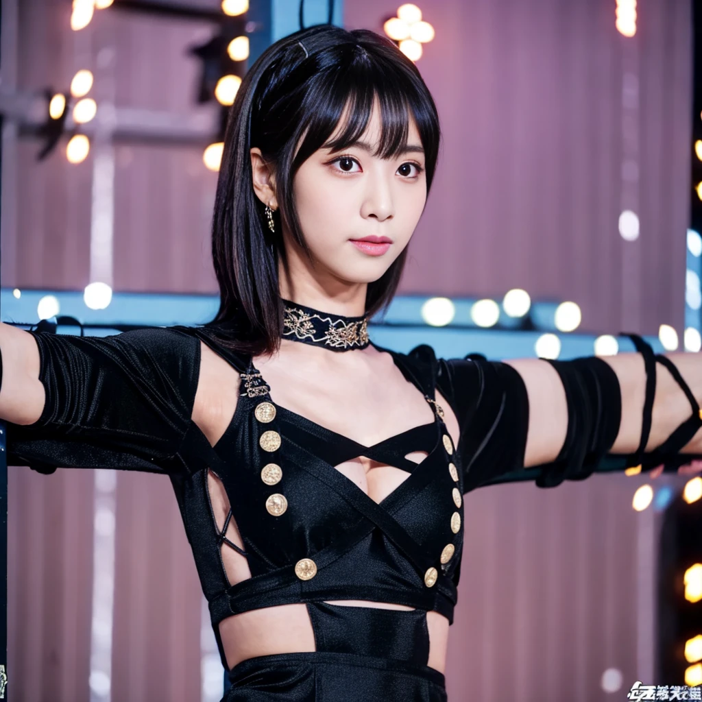 Highest quality，masterpiece，Very detailed, 8K，Beautiful 27 year old Japanese woman:1.5, Small face, blunt bangs, Crucifixion, (Detailed black K-pop idol outfit:1.5), ((クロスにCrucifixionにされた女性:1.5, Breast Augmentation Surgery)), Very detailedな臭い脇の下、　Live Stage