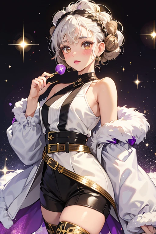Fresh has light brown skin and dark brown eyes. Her white hair is pulled up into several bantu knots on top of her head. She wears violet lipstick and faint blush. Her glittery hair resembles a soccer ball. She wears a white and black glitter top with a gold whistle on her neck and a pair of matching bottoms with belt, and thigh boots. SPARKLE; GLITTER