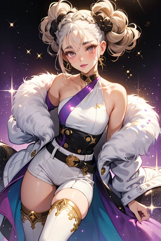 Fresh has light brown skin and dark brown eyes. Her white hair is pulled up into several bantu knots on top of her head. She wears violet lipstick and faint blush. Her glittery hair resembles a soccer ball. She wears a white and black glitter top with a gold whistle on her neck and a pair of matching bottoms with belt, and thigh boots. SPARKLE; GLITTER