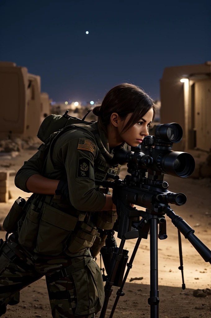 Main Image: An artistic illustration or photograph showing a female sniper in a shooting position. Could be a side or front view, highlighting his equipment and the telescopic sight pointing towards an undefined point in the distance.
Background and Environment: A dark or blurred background that suggests a nighttime urban environment or a desert landscape, common places where snipers operate.
Additional details: Details such as the brightness of the scope's viewfinder, a subtle flare from the rifle lens, or even symbolic elements such as a cross-shaped shadow indicating a target could add depth and suspense to the image