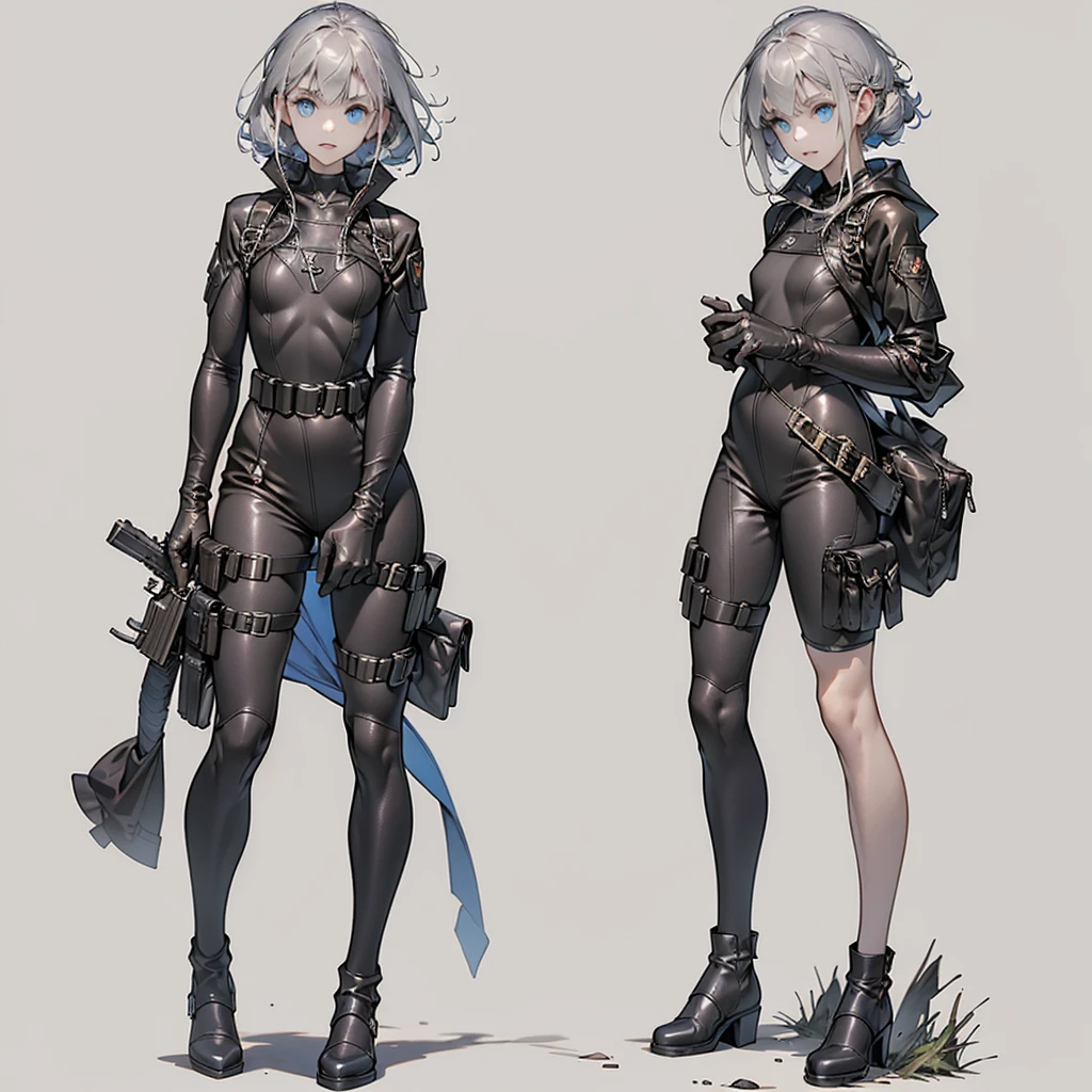 (((custom combat suit)))、Beautiful artwork illustration，Beautiful digital artwork、(((Change into a diving wetsuit))),(masterpiece、Highest quality、Highest quality、Beautiful and aesthetic:1.2)、Check it out, bangs, Silver hair, 、Small and slim body, solo, One Girl, Laughter, Highest detail、Vivid texture、Slender body, Full Body Shot, Beautiful Blue Eyes, beautiful girl, Small Face、White skin、 ((Small breasts))、(Sharp focus),(Cowboy Shot),((Black tactical glove armor、tactical body armor、gun belt、Gun Holster))、