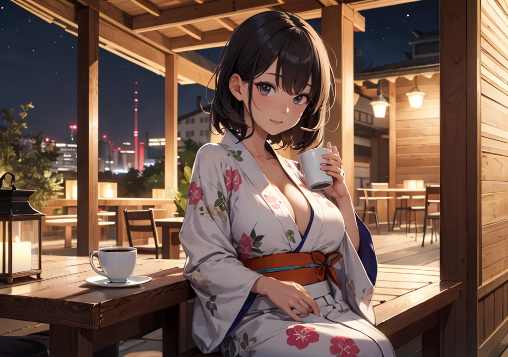 ((Highest quality)), ((masterpiece)), (detailed), One girl, yukata, Drink coffee, night,indoor, Perfect Fingers, Large Breasts