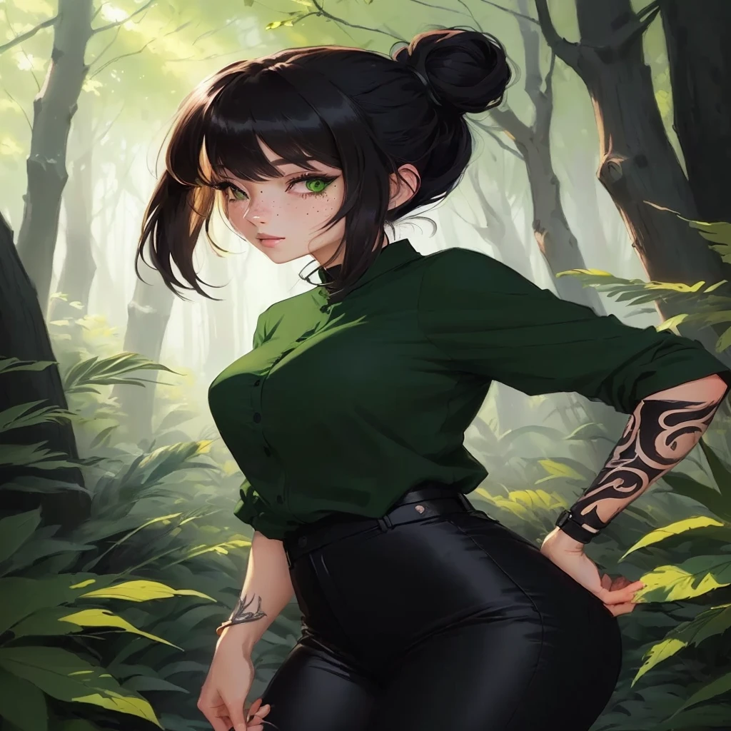 a woman in a green shirt and black pants standing in the woods, anime lush john 8k woods, semirealistic anime style, forest soul, anime style 4 k, made with anime painter studio, realistic anime art style, clean detailed anime style, in anime style, painted in anime painter studio, anime style. 8k, digital anime illustration, in an anime style, freckles on face