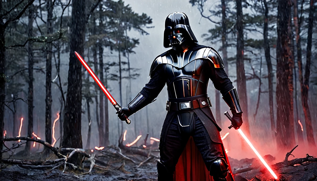 Viking long black hair, with full-length leather Darth Vader mask, sword in hand, rule of the thirds, Prometheus as Norse god Šubula, white skin tone, god of the underworld, dressed in fur black and navy blue color, ashes and soot in the air, raining lightning, dark forest, red fog in the background, cinematic, ultra detailed, visually rich, concept art, intricate details, extremely detailed, ultra sharp focus, attention to detail, greatness and awe, stunning visual masterpiece, double exposure, 32k, photorealistic, strong contours, cinematic scene, highest quality