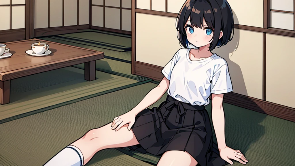 1girl, solo, blue eyes, (detailed eyes), flat chest, short hair, black hair, ((white t-shirt)), simple t-shirt, black skirt, black socks, upper body, ((masterpiece, illustration, best quality)) sitting on a floor with tea in a traditional Japanese room with Japanese Interior Decoration, Traditional Japanese appearance, environmental design, home decor, japanese house