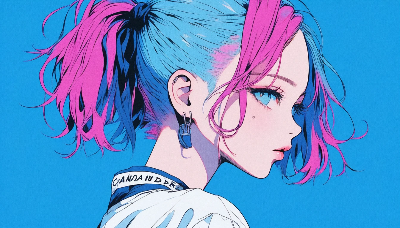 Illustrator, anime , Realistic ,sketch , 1 Girl,profile,Upward,lip, T-shirt,order,Textured Trim, (masterpiece,Highest quality) Blue Background, Neon Hair,Textured Trim, Canadian, (masterpiece,Highest quality) Cancer